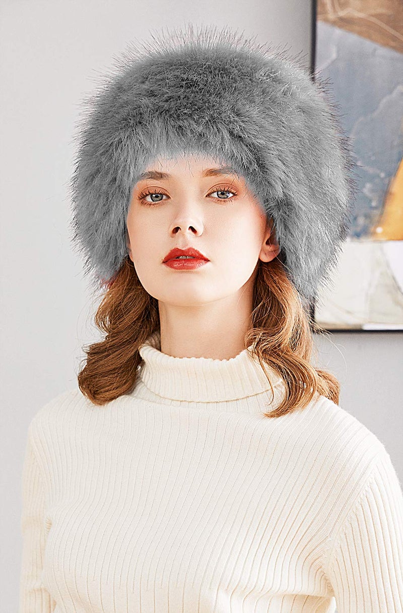 Lovful Winter Faux Fur Women Russian Cossak Hat Scarf Set,Grey - Image 4